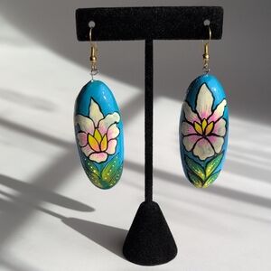 Hand Painted Floral orchid Earrings Chunky Colorful Tropical